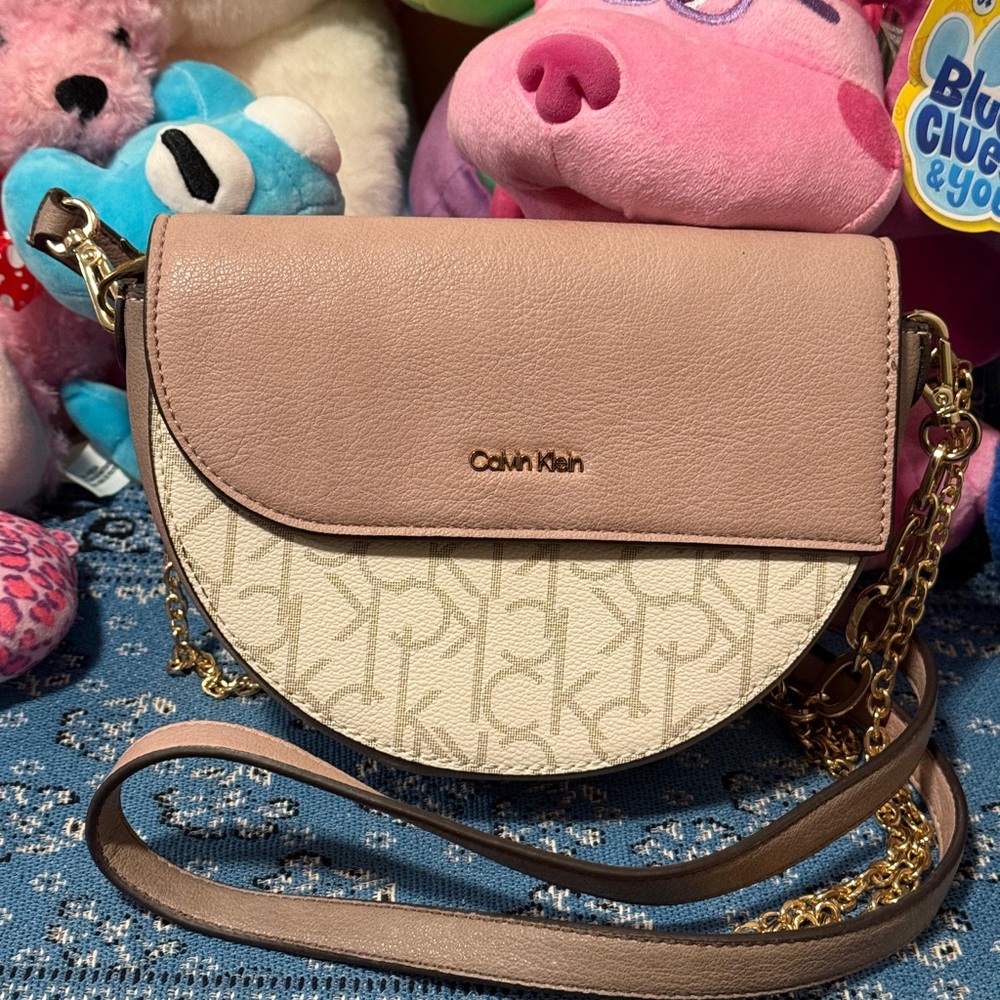Calvin Klein Cream and Pink Crossbody Bag with Monogram Design